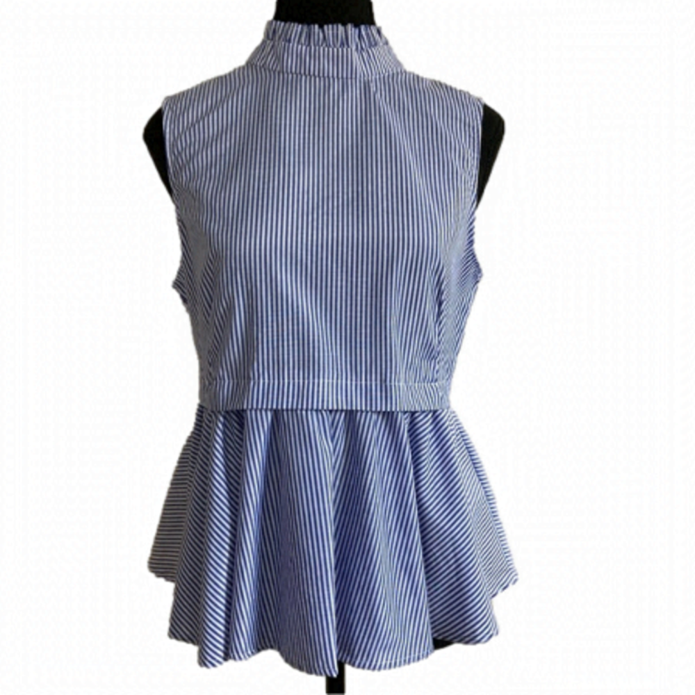 CI Sono blue & white pinstripe high collar sleeveless peplum blouse. Size M